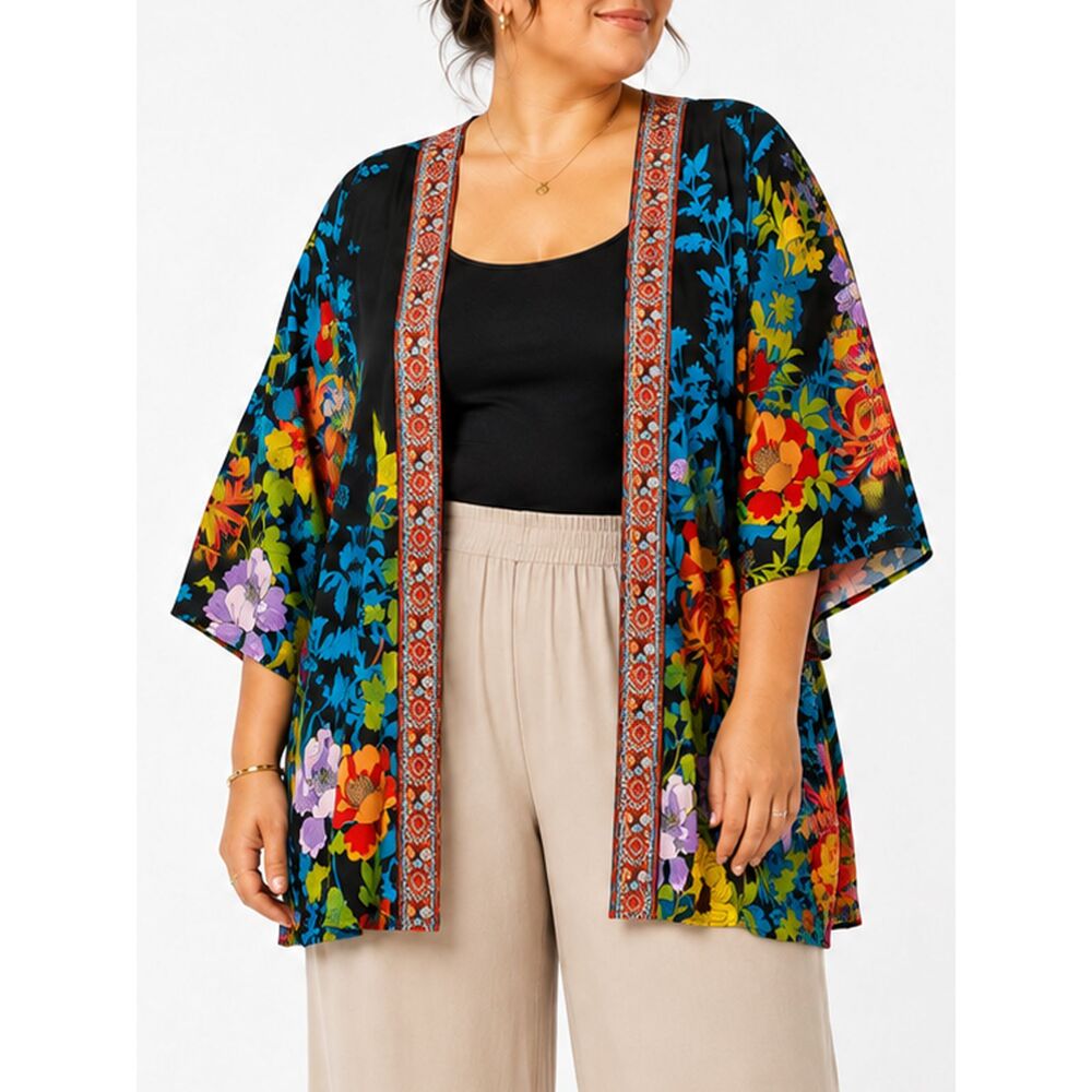 Susan Graver 3X Floral Kimono Duster Boho Open Front Lightweight Layer